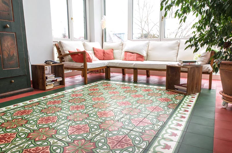Red and green custom cement tiles for beautiful living room
